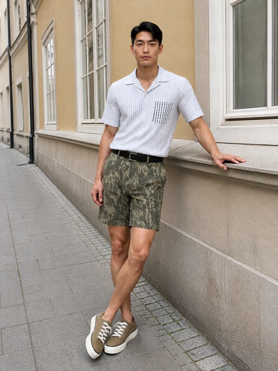 Jacquemus striped shirt olive printed shorts outfit