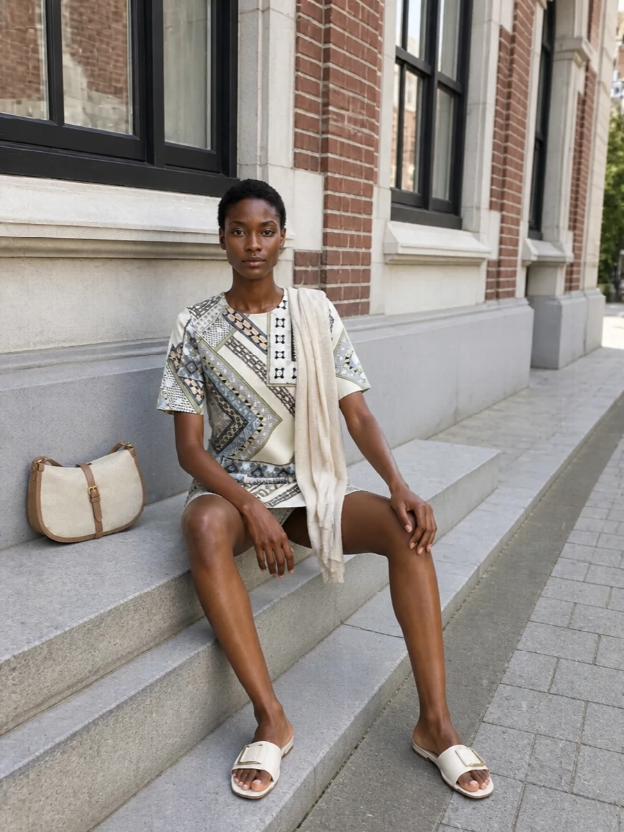 Etro printed shift dress neutral sandals bag
