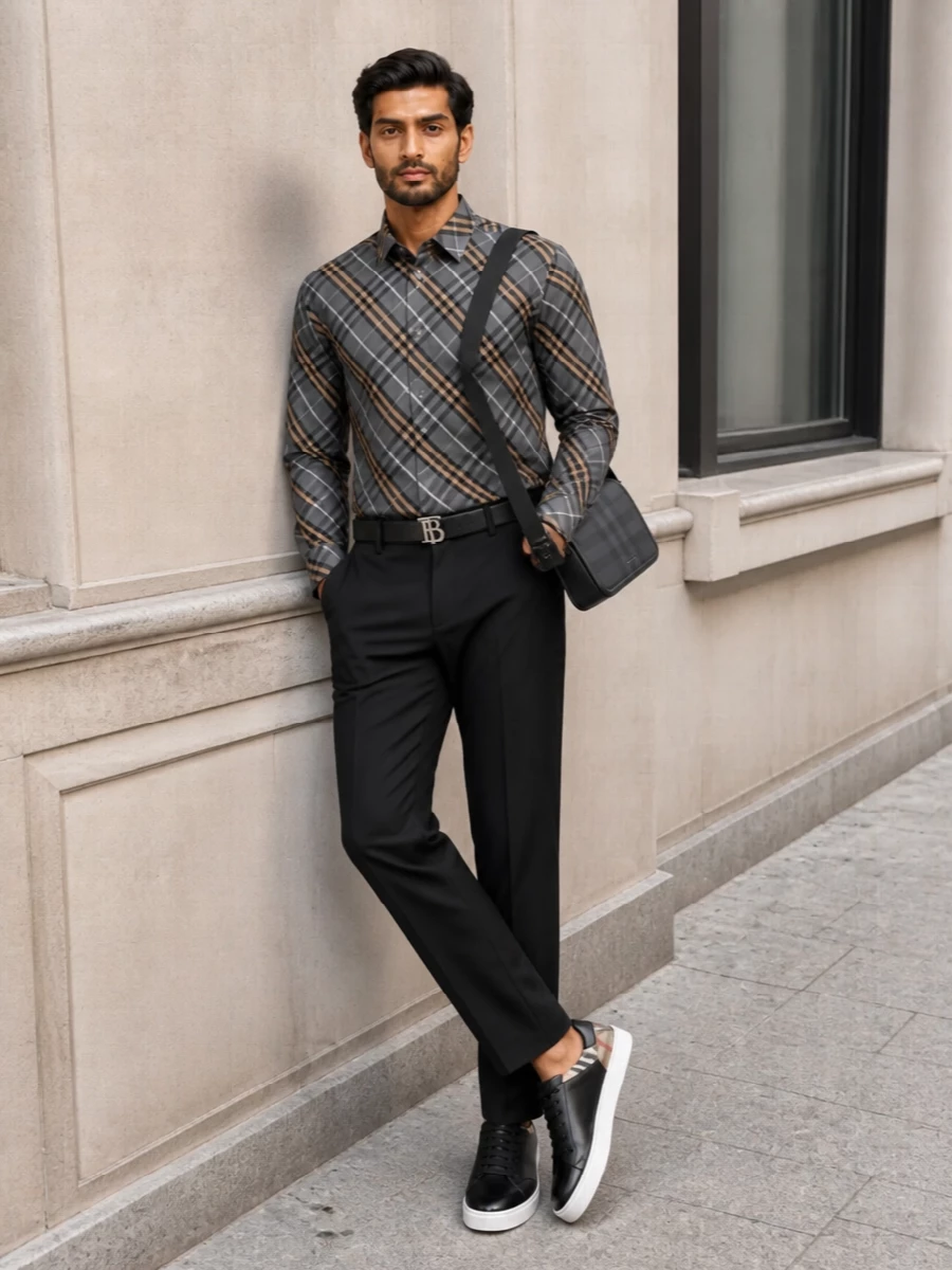 Burberry check shirt black trousers outfit