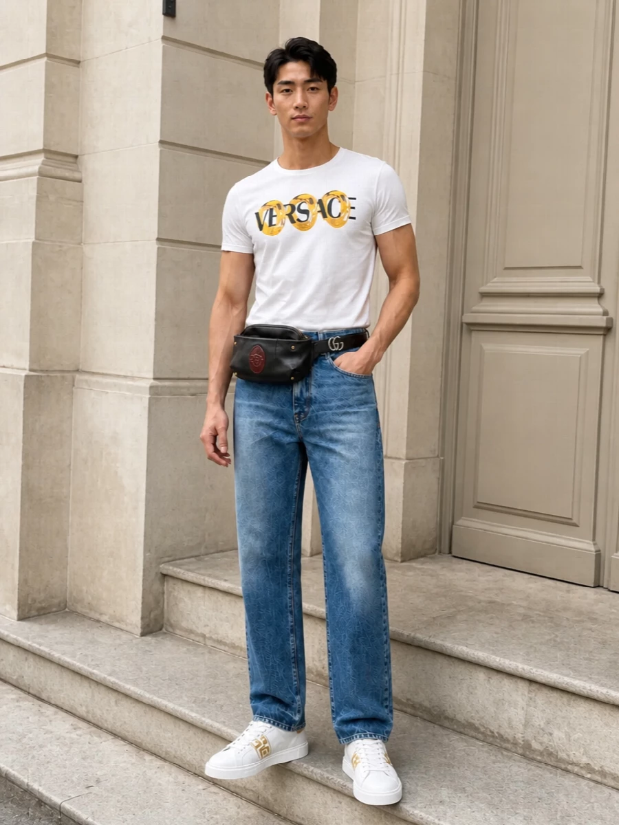 Versace logo tee mid blue jeans white sneakers