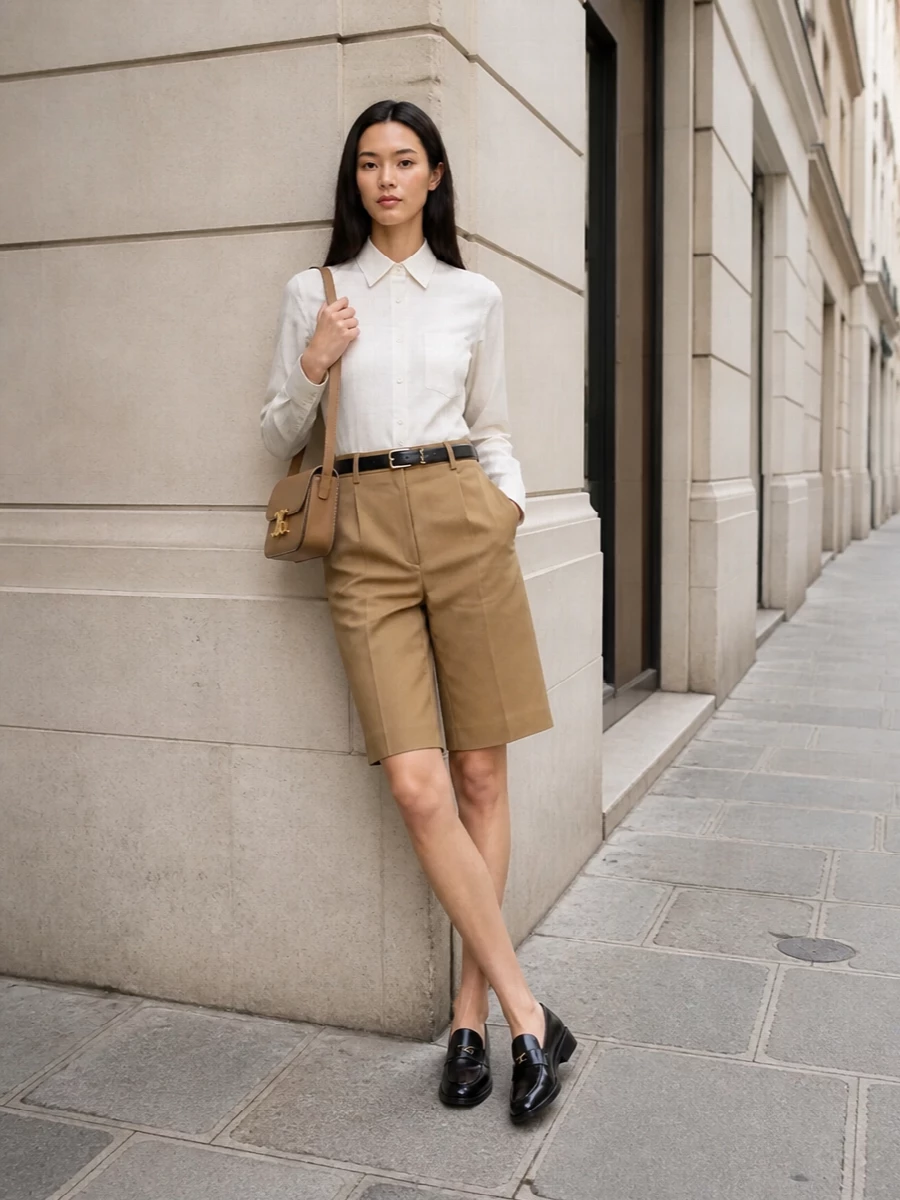 Prada ivory shirt bermuda shorts office outfit