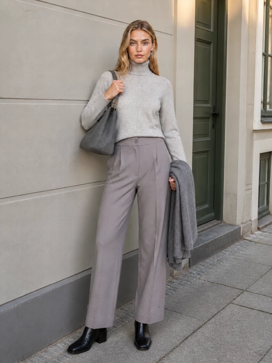 Frankie shop grey turtleneck taupe tailored trousers