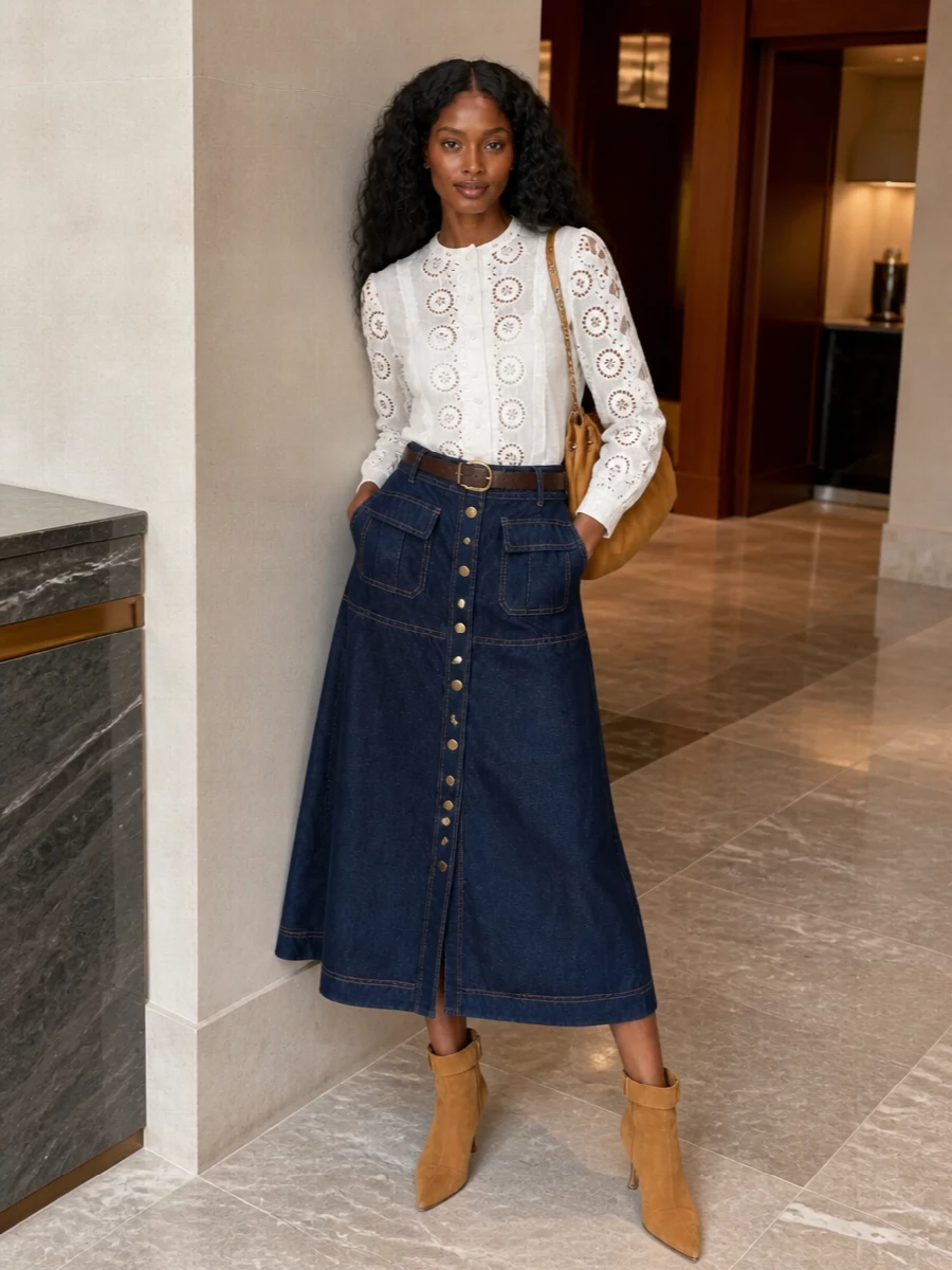 Zimmermann denim midi skirt lace blouse outfit