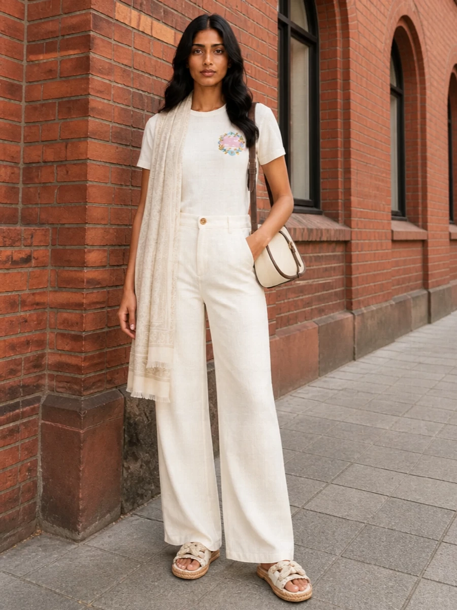 Softly structured and sunlit, this pairing keeps Etro’s storytelling gentle: a romantic embroidered tee gliding over high-rise ivory wide-leg trousers. Neutral woven slides and a sculpted ivory-and-brown shoulder bag lean into relaxed Italian polish, while a tonal paisley stole brings just enough texture for days that stretch from coffee to terrace wine. It is bohemian at heart but resolved in quiet, wearable neutrals that let the details do the talking.