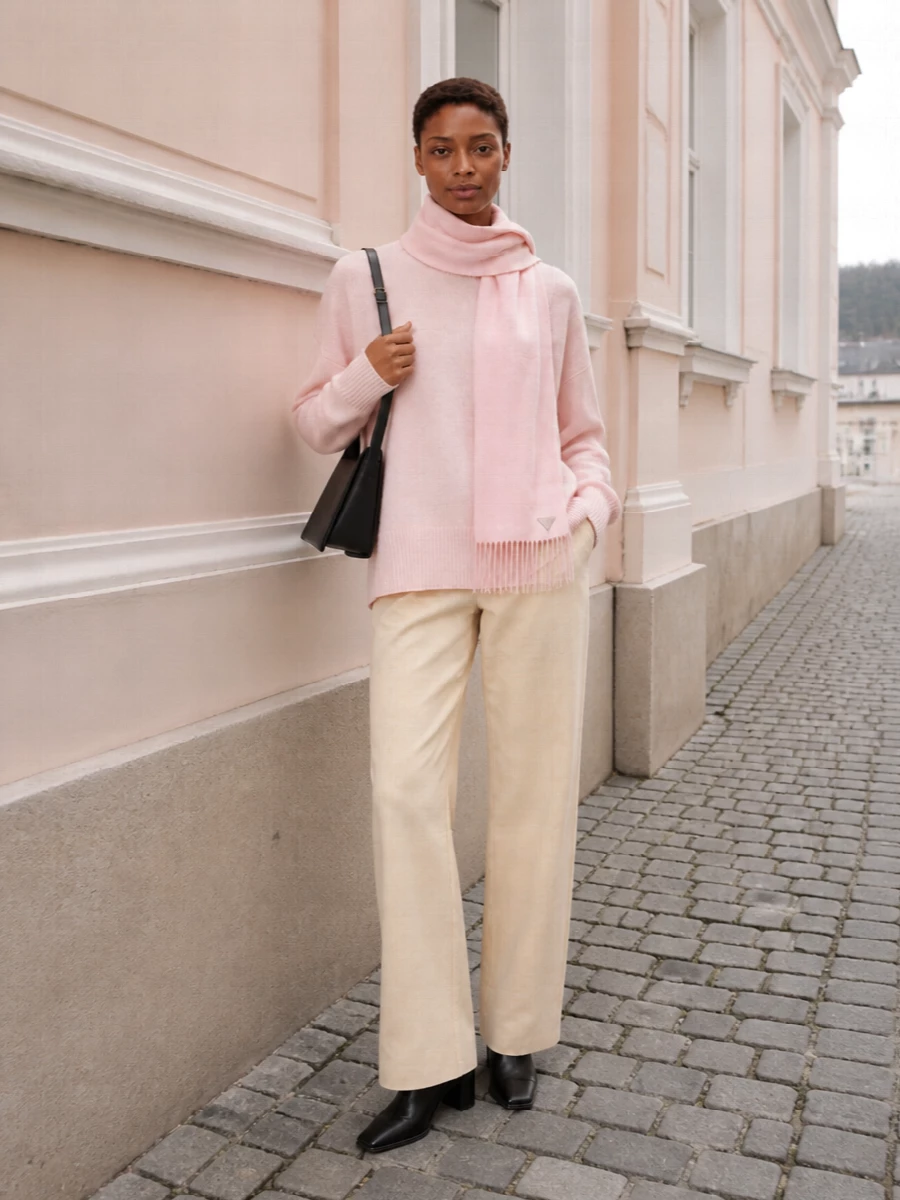Soft blush and buttercream neutrals meet in a relaxed knit and long, fluid trouser, creating a calm, elongated line that feels precise rather than saccharine. Black sock boots and a structured baguette add just enough contrast to ground the pastels, keeping the mood minimalist and city-ready. A blush scarf near the face picks up the knit’s tone, adding quiet depth and winter texture without breaking the refinement.
