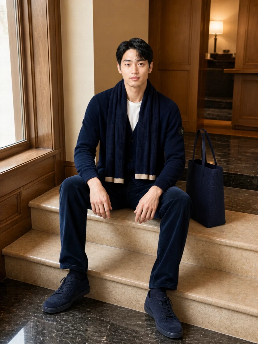A deep navy story from cardigan to corduroy creates a calm, cohesive base that feels considered without trying too hard. Inky suede sneakers keep it quietly premium rather than overtly sporty, while the structured navy tote and refined scarf add texture and purpose for city days that run long. It is an easy uniform for cooler months when you want comfort, restraint and real polish in the same outfit.