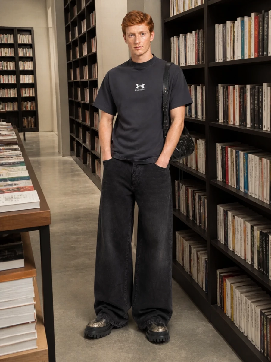Balenciaga wide leg jeans chunky chelsea boots outfit