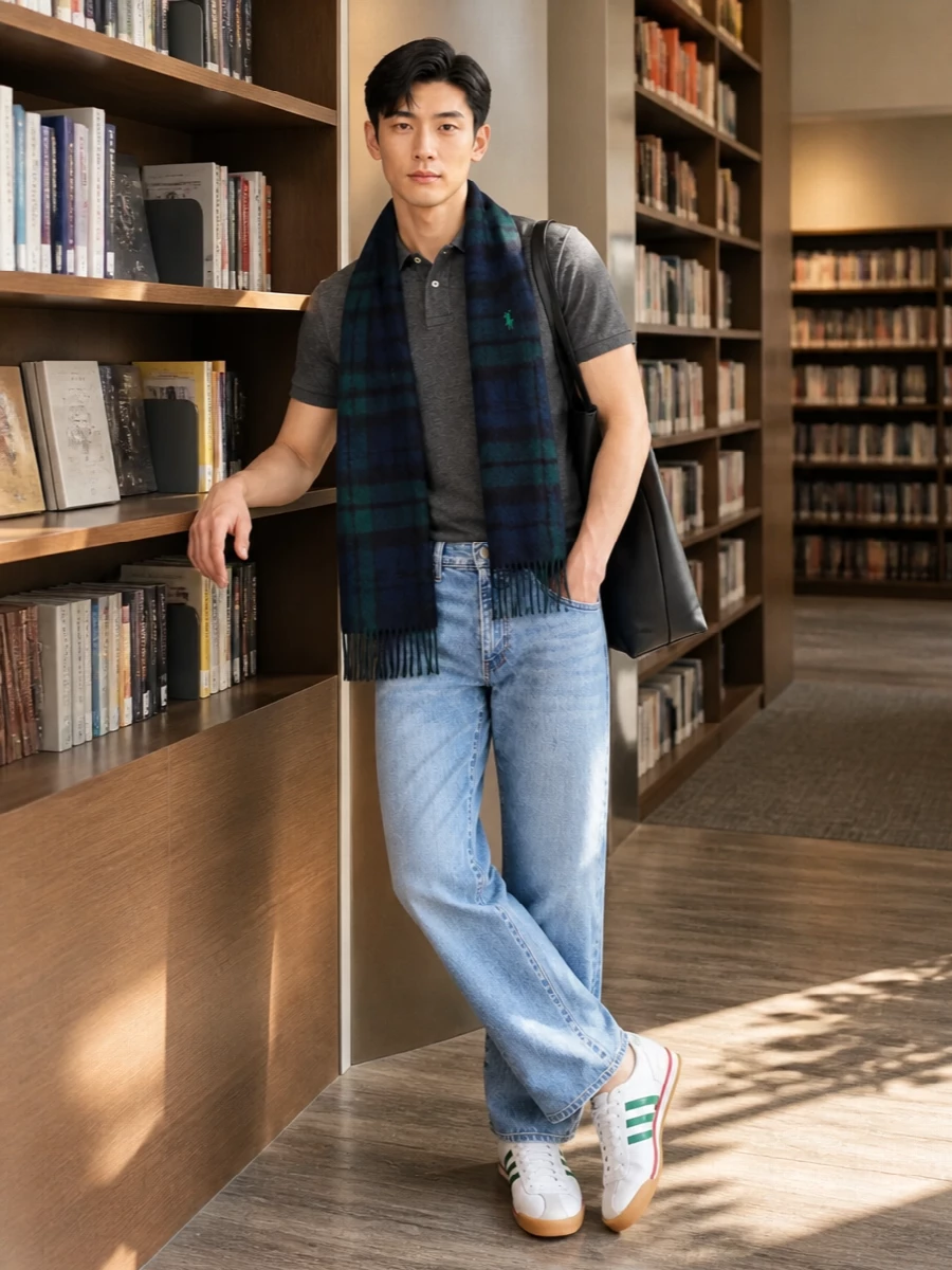 Charcoal piqué, easy blue denim and green-accent sneakers create a clean preppy base that feels relaxed yet considered. The structured black tote and moody tartan scarf sharpen everything just enough for city days and casual evenings. It is an understated way to wear color that still reads modern and quietly sporty.