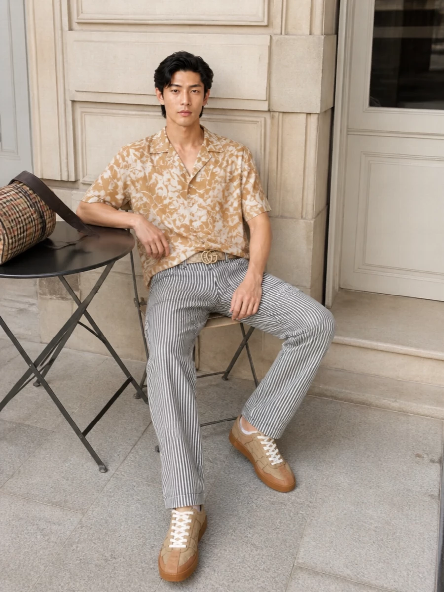 Amiri camp shirt striped trousers tan sneakers