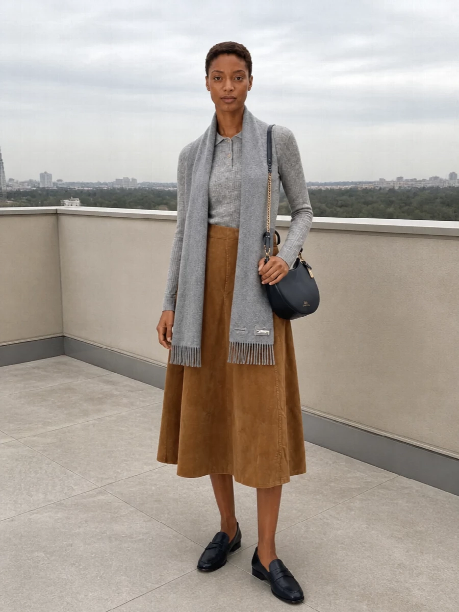 Closed grey polo camel midi skirt loafers