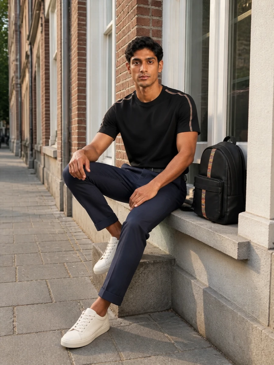 A black striped Paul Smith tee sits over slim ink‑navy tailoring for a neat, modern take on smart casual. Off‑white Tod’s sneakers keep the palette light, with a black belt and structured striped backpack giving just enough definition and brand character. The result is clean, quietly graphic and ready for city days that run long.
