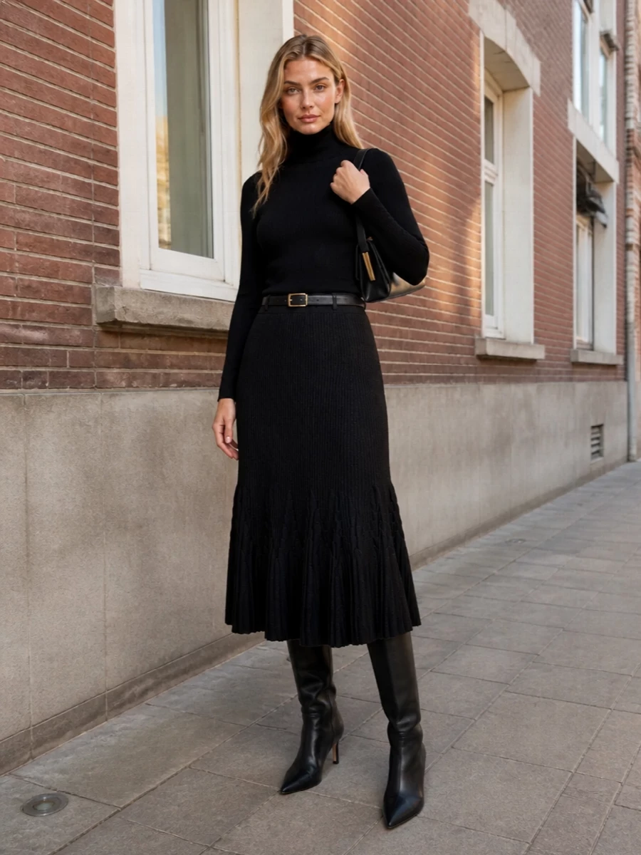 Elisabetta franchi black knit skirt boot outfit