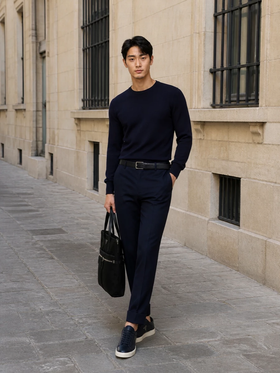 Minimalist navy crewneck tailored trousers outfit