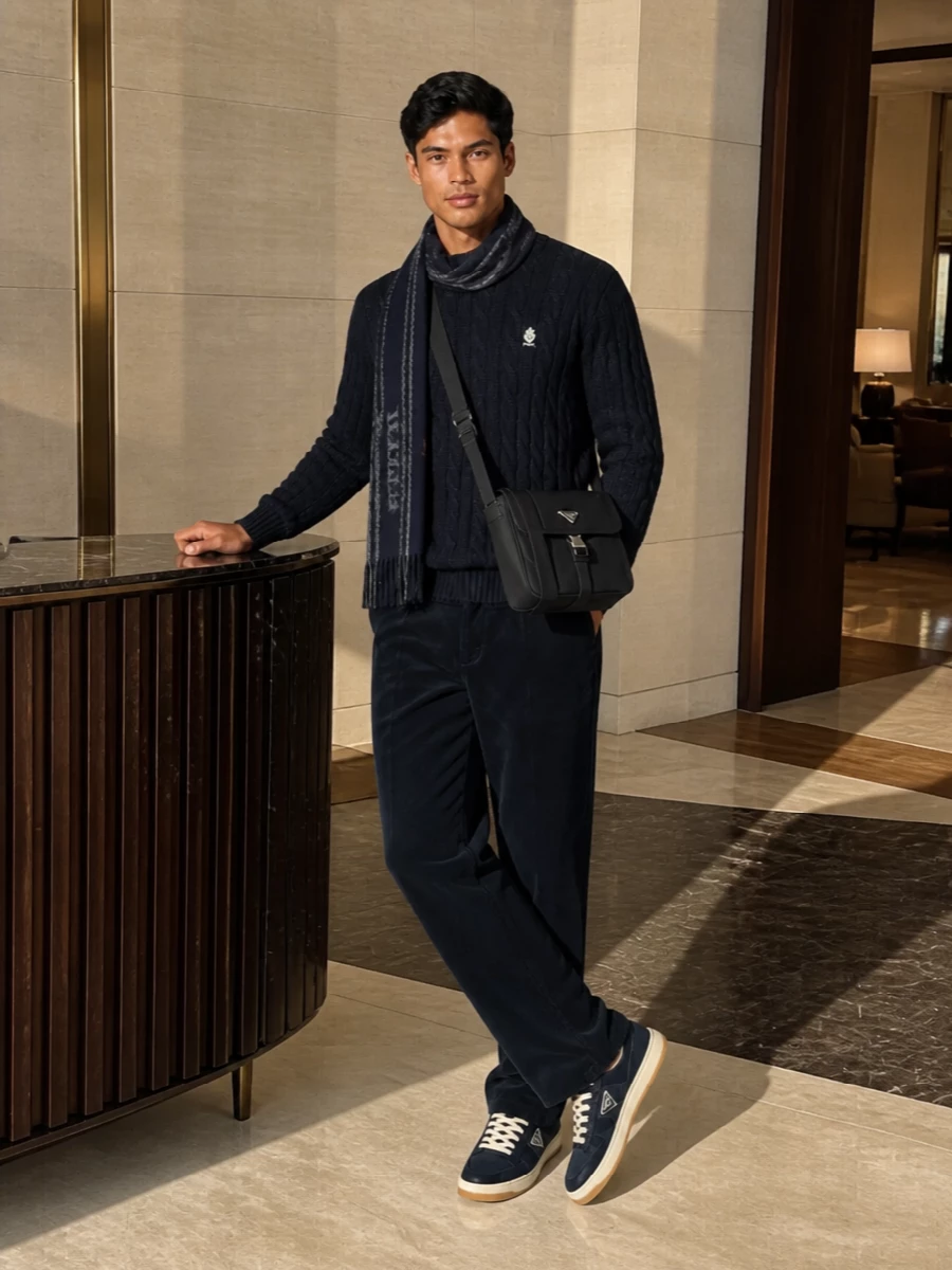 Prada navy cable sweater corduroy trousers outfit