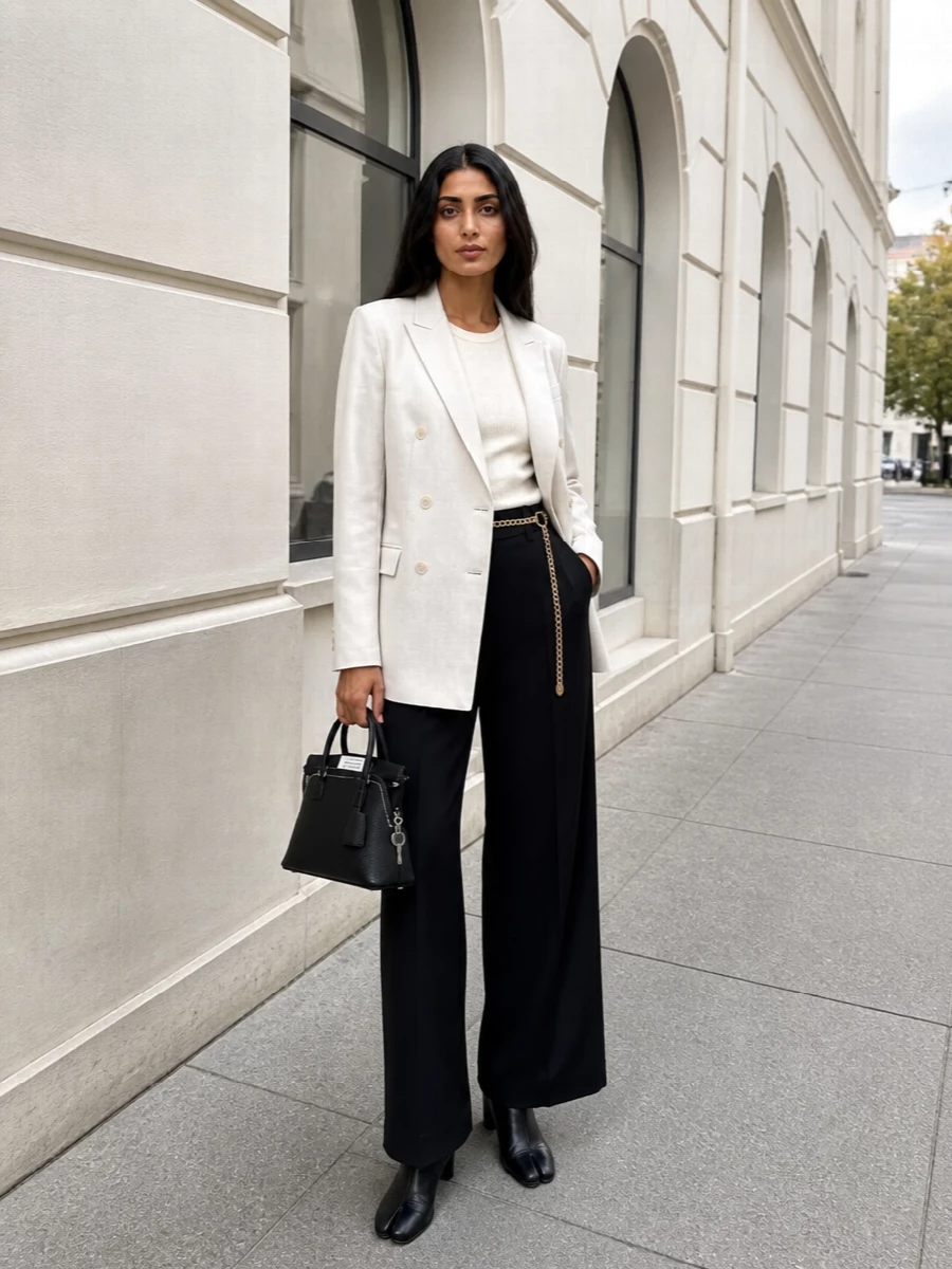 Maison margiela ivory blazer black wide leg trousers