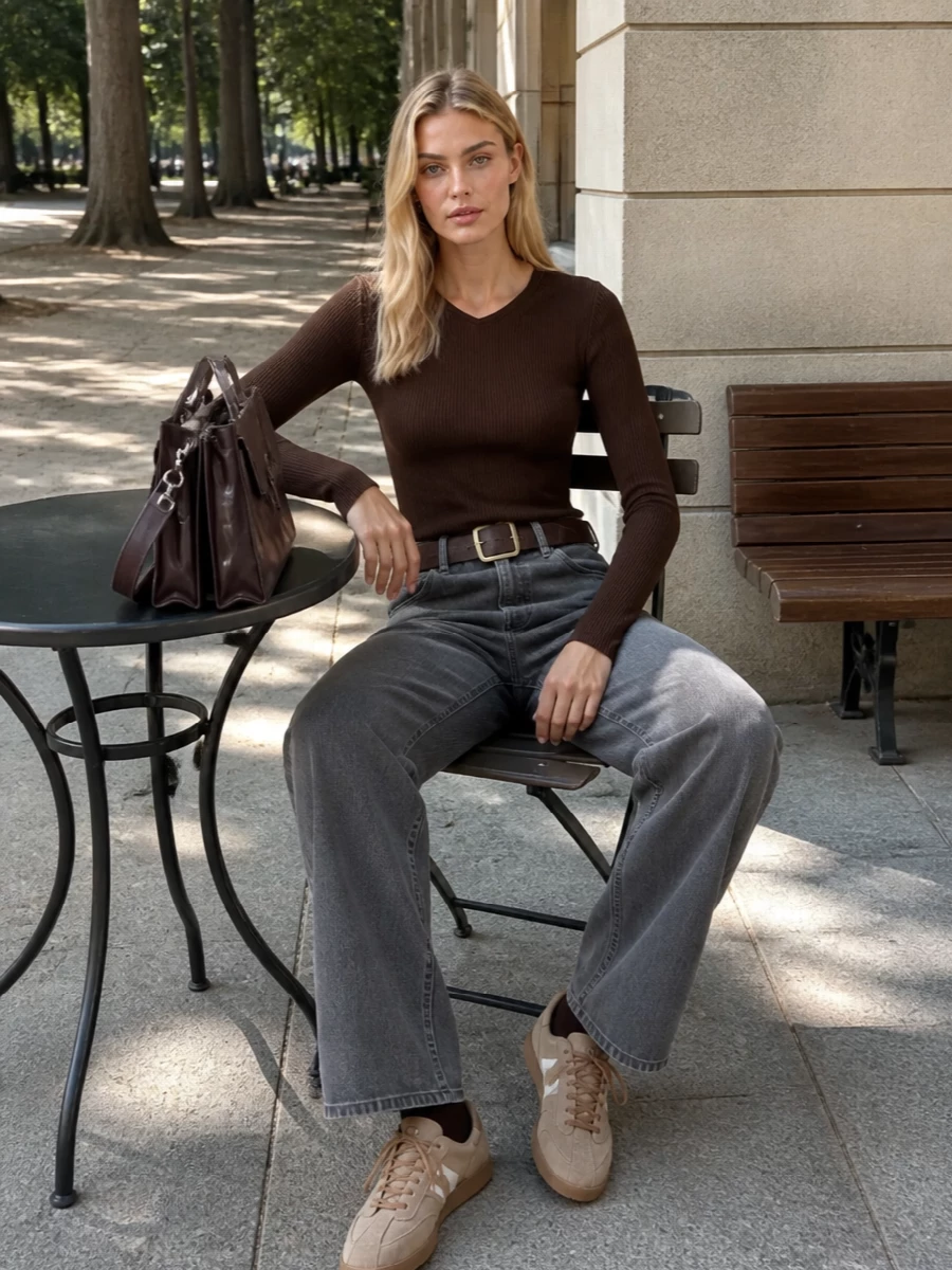 Miu miu grey jeans brown knit sneakers outfit