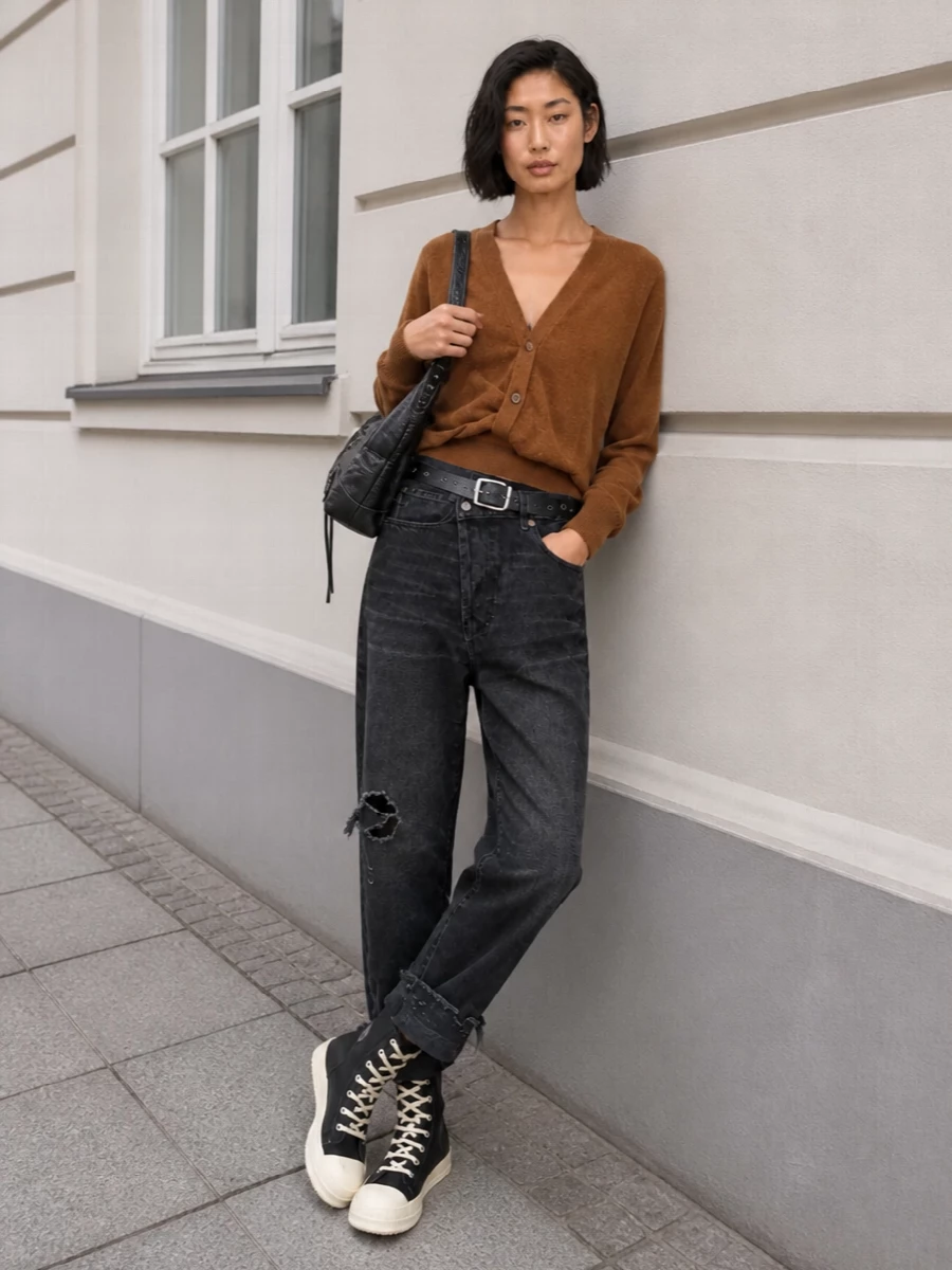 R13 jeans cropped cardigan rick owens sneakers