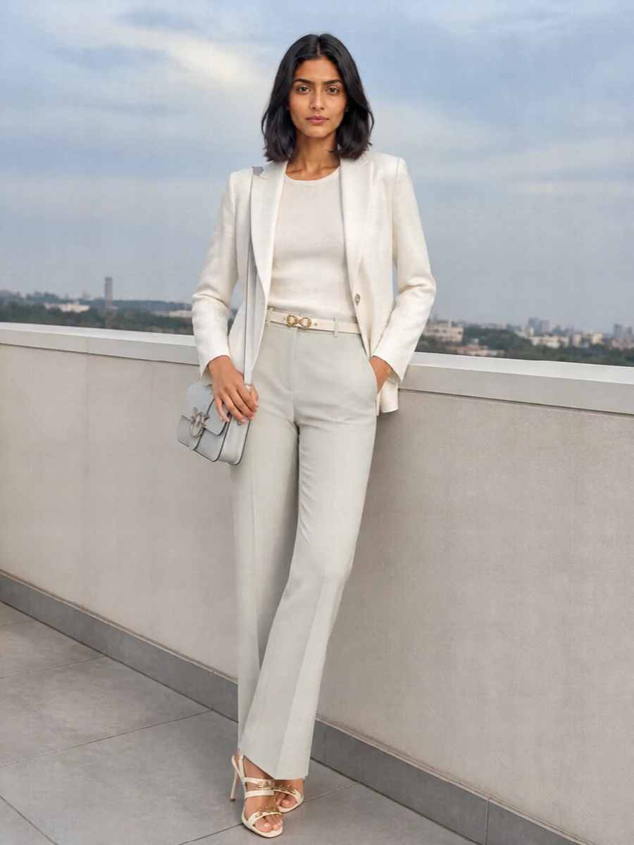 Pinko ivory blazer grey flared trousers outfit