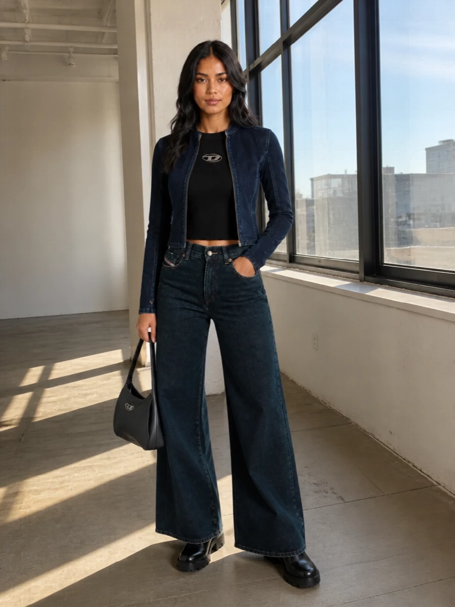 I am building around the jacket and going the top plus bottom route so the denim-on-denim reads intentional and sculpted rather than heavy. The ribbed logo knit, dark wide-leg jeans, chunky boots and black sculpted bag create a tight Diesel streetwear moment in deep blues and black with just enough metal to feel nightlife ready. The proportions stay clean and elongating, with the high-rise wide leg and cropped jacket doing all the shape work while everything else stays sharp and close to the body.