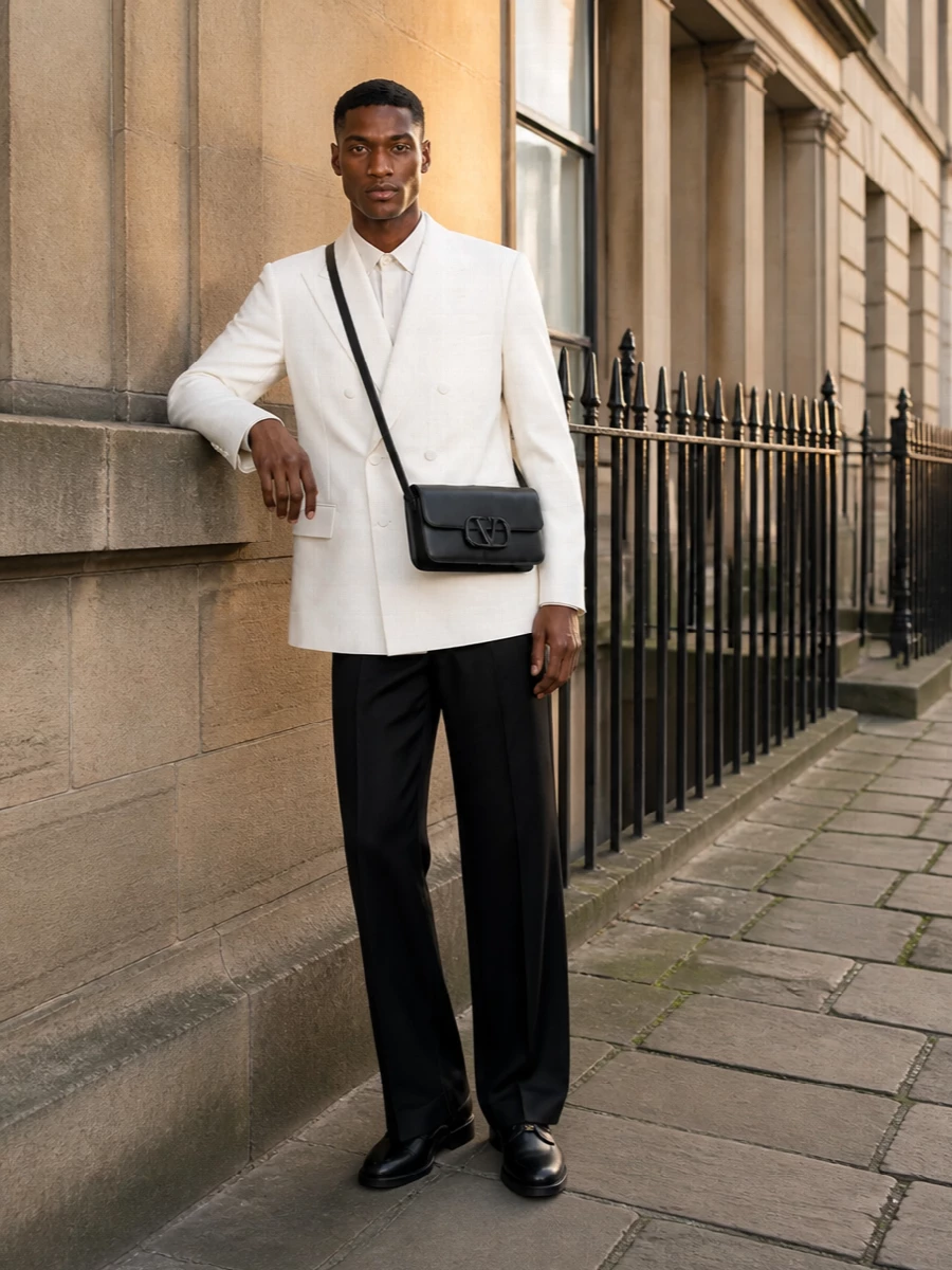 Valentino ivory coat black wide leg trousers