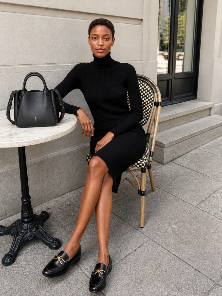 I anchored this with the knit dress rather than separates so the bag can sit against one continuous black column, keeping the mood pure and minimal. The ribbed Bottega dress and matching house loafers create a quiet-luxury city uniform where line and texture do the work, while the structured Louboutin tote adds just enough sharpness without breaking the simplicity. It reads polished enough for office-to-dinner but still feels relaxed and modern in flat shoes.