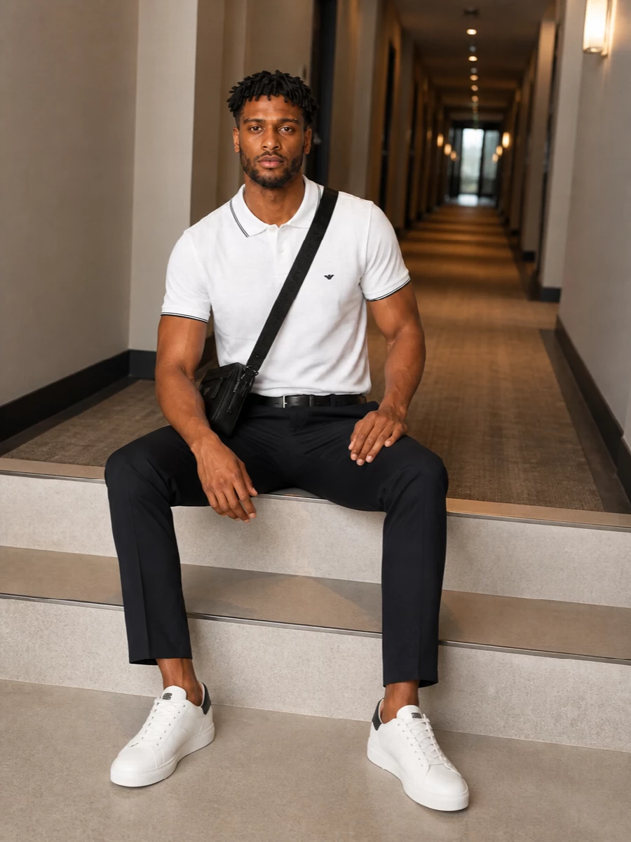 Emporio Armani’s white tipped polo meets deep navy tailored trousers for a calm, precise take on smart casual. Clean white sneakers with a black heel tab echo the polo’s contrast detail, keeping the palette tight and modern. A structured black crossbody and slim leather belt finish the outfit with quiet, urban refinement.
