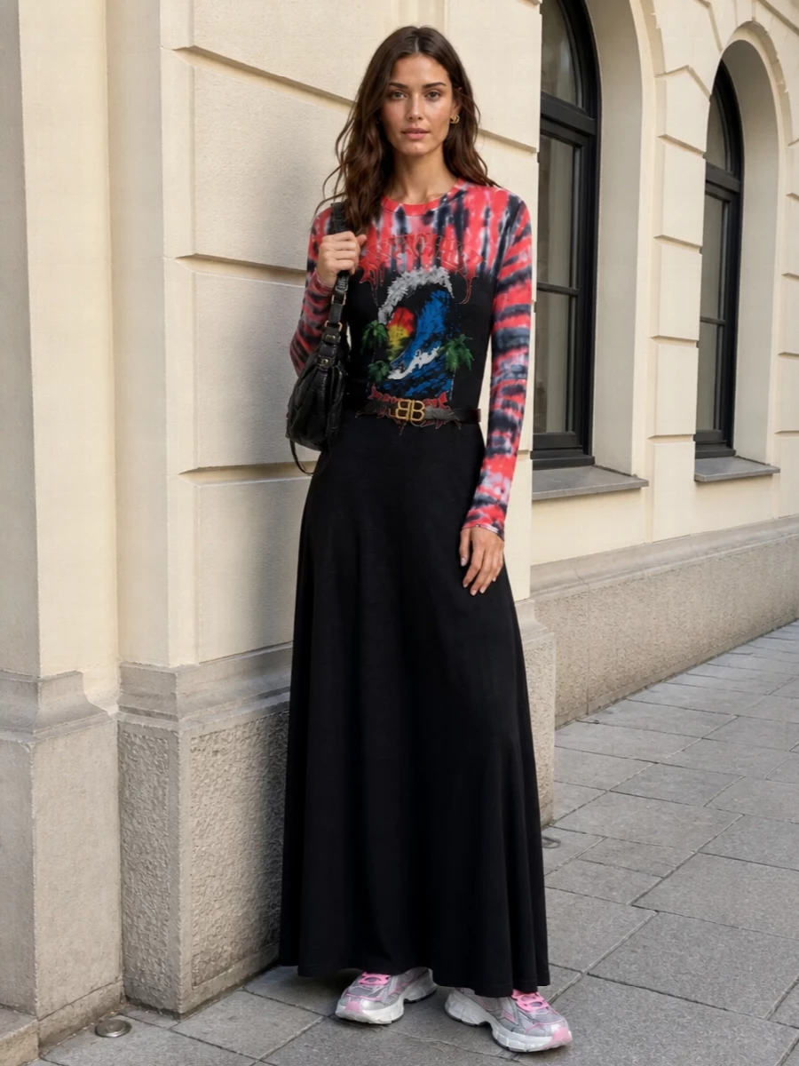 Balenciaga tie dye maxi dress neon sneakers