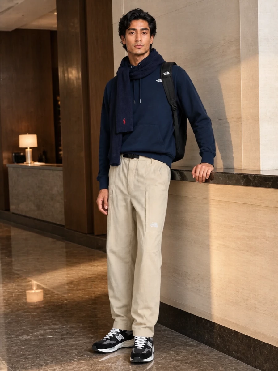 North face navy hoodie beige pants new balance