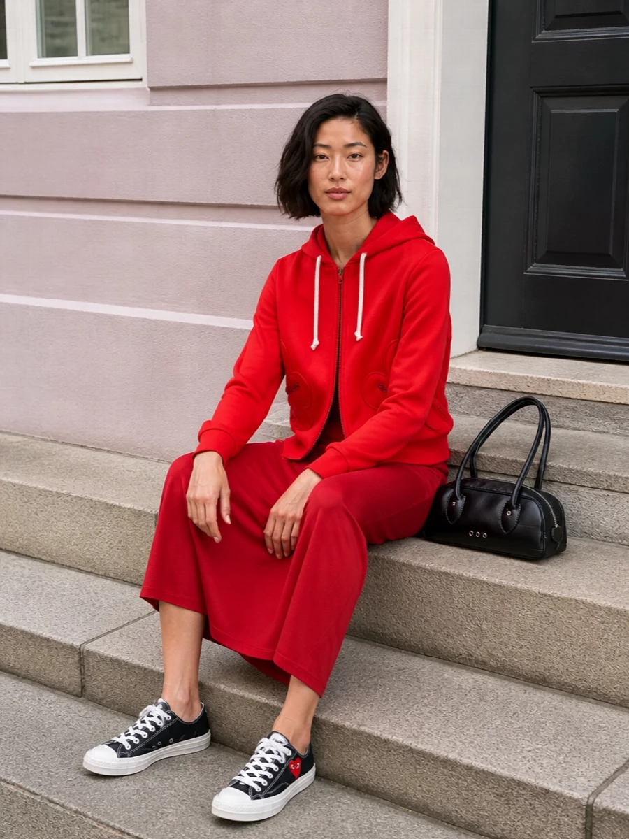 Comme des garcons red hoodie moncler midi dress