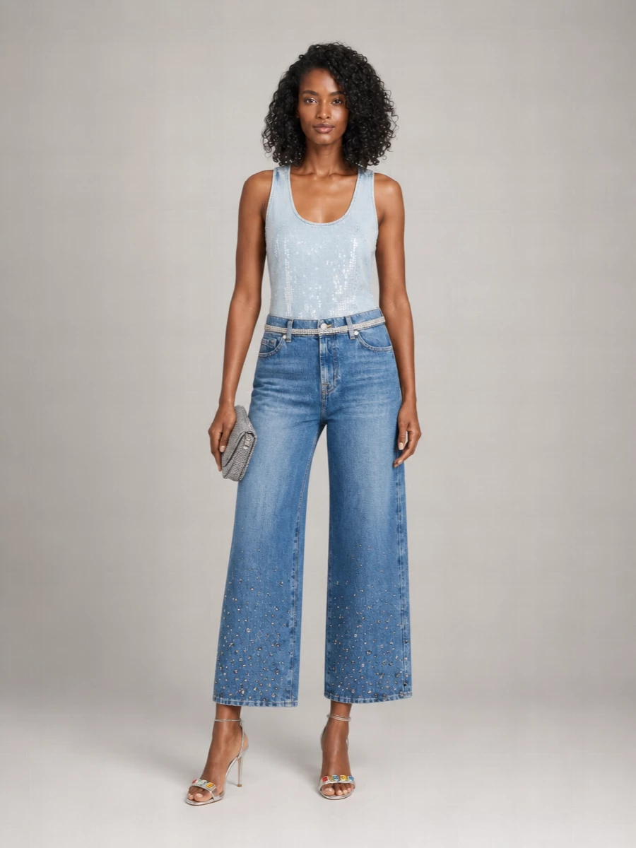 7 For All Mankind Crystal-Embellished Studded Wide-Leg Low-Rise Denim Jeans