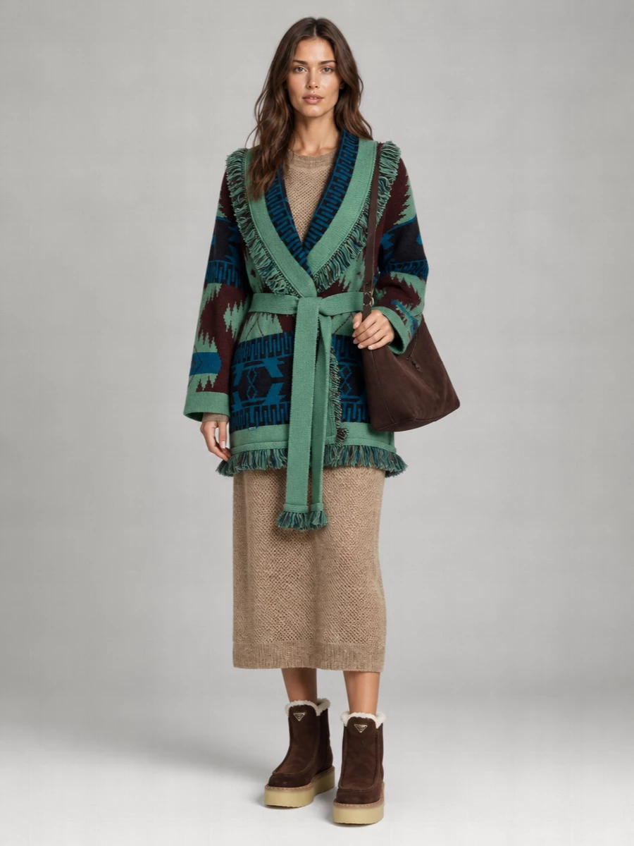 Alanui Cashmere Fringed Belted Oversized Cardigan