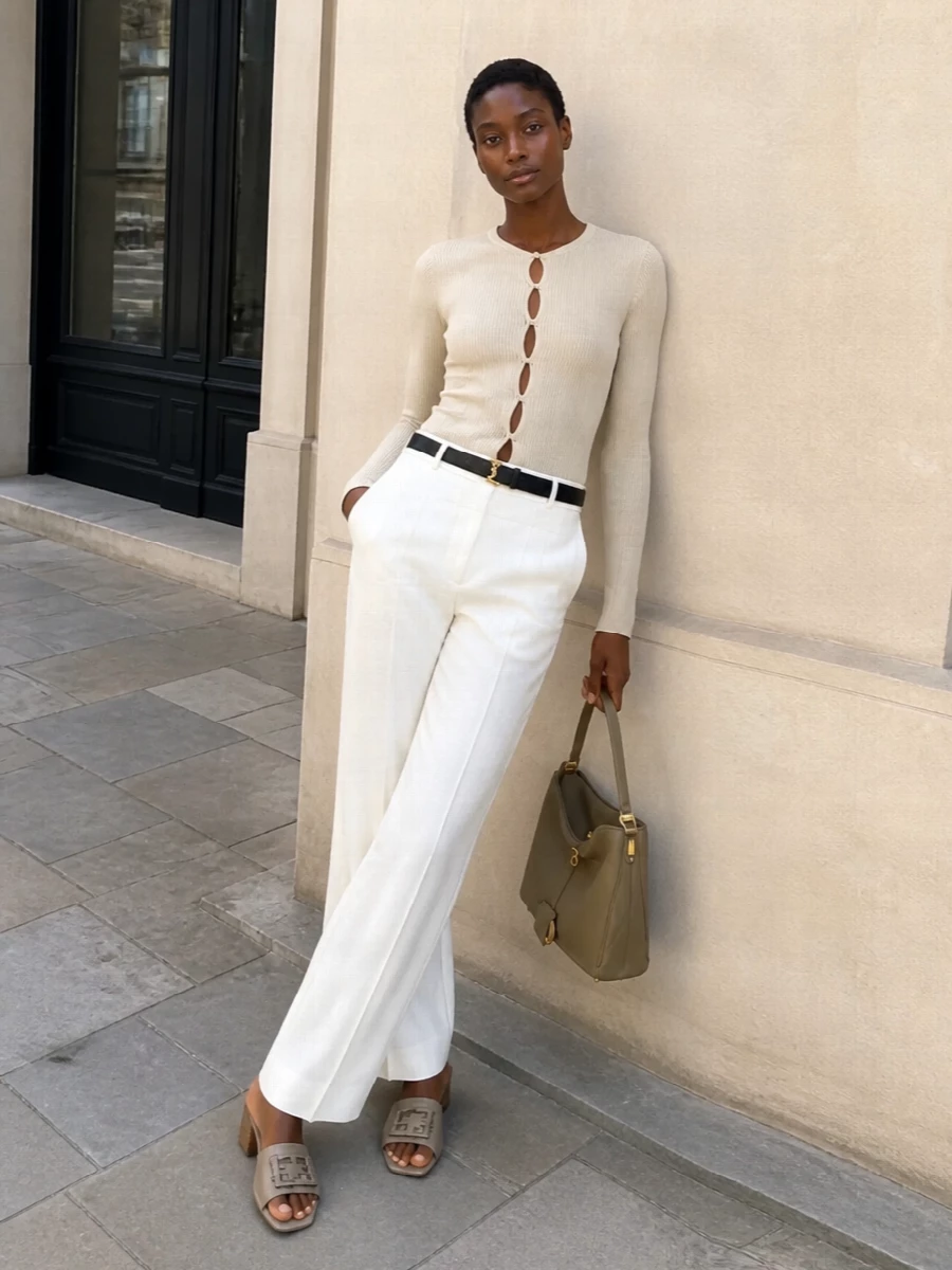 Fendi cardigan ivory wide leg trousers outfit
