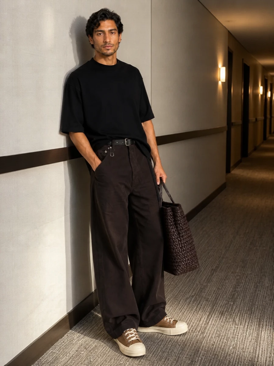 Rick owens drkshdw wide leg brown jeans outfit