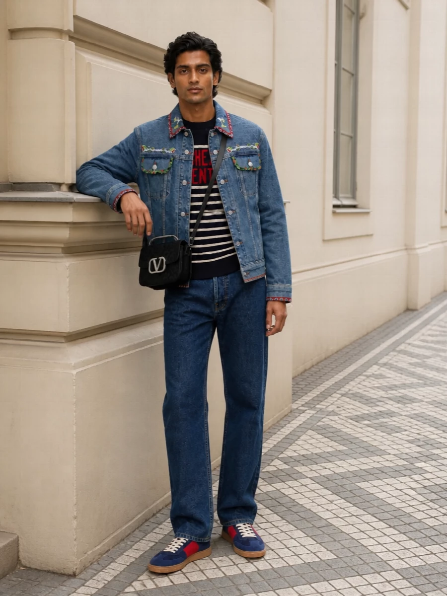 Valentino denim jacket breton sweater outfit
