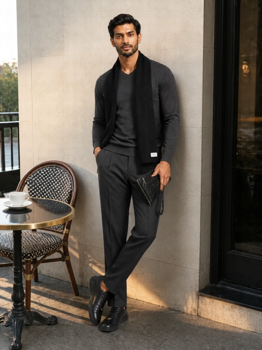 Charcoal on charcoal keeps this combination refined and quietly assertive, with the fine-gauge V-neck sitting cleanly over tailored pleated trousers. Black leather sneakers and a slim intrecciato pouch keep the mood modern and sharp for office days that roll into dinner.
