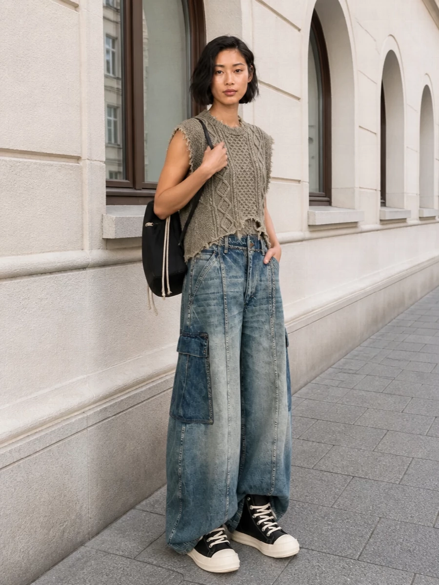 R13 cargo jeans knit vest rick owens sneakers