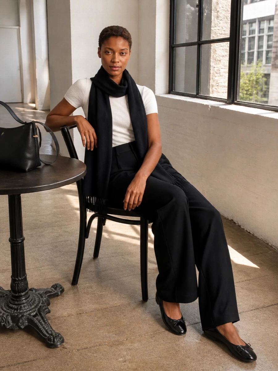 A fitted white ribbed tee meets fluid black wide-leg tailoring for a clean, elongated silhouette that reads quietly confident rather than try-hard. The glossy black ballet flat keeps everything grounded and practical while still feeling considered. A structured black shoulder bag and slim black scarf finish the outfit with discreet polish that works from morning coffee to dinner reservations.