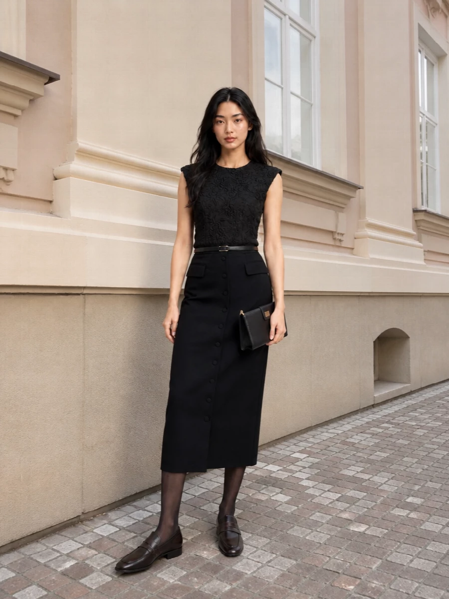 Dries van noten black midi skirt with loafers