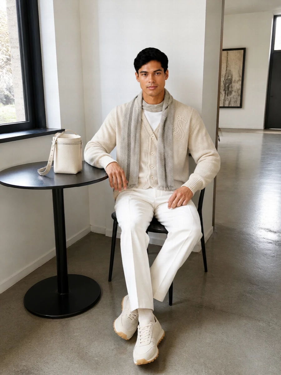 Jil sander cream cardigan off white trousers outfit