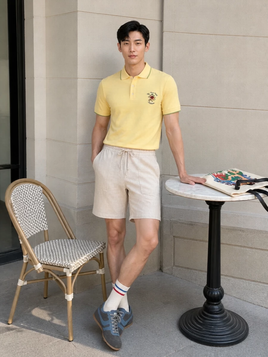 A sorbet yellow polo meets clean beige drawstring shorts for a bright, easy summer pairing that still feels considered. Charcoal and blue retro runners ground the colour with a slim, athletic line, while the graphic tote and striped socks echo the polo’s playful preppy energy without shouting.