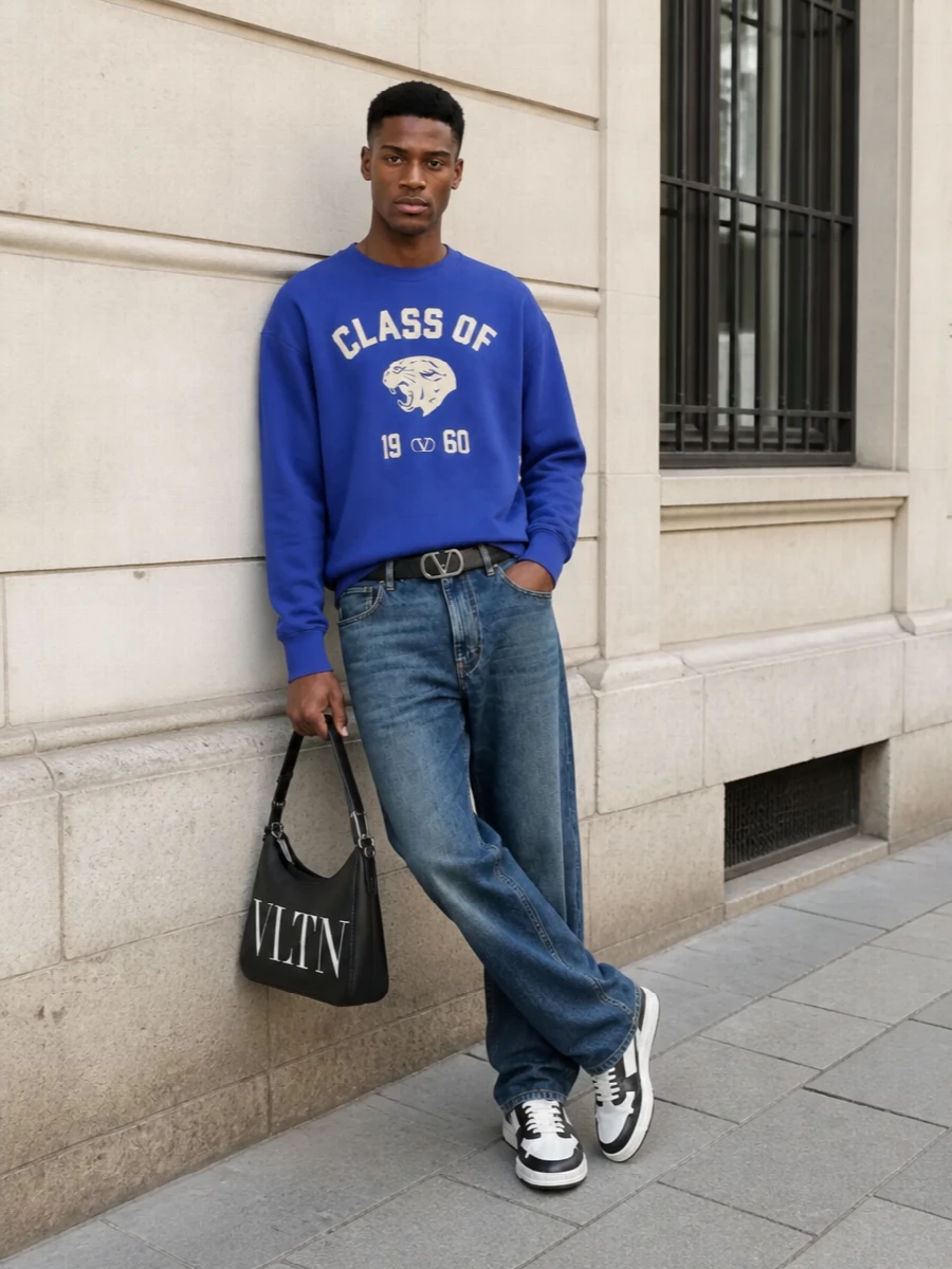 Valentino varsity sweatshirt denim streetwear outfit