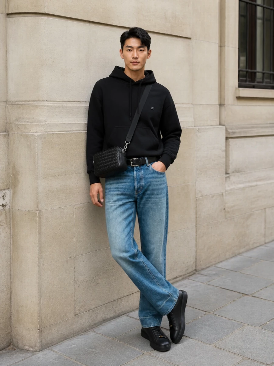 Valentino black hoodie straight leg jeans outfit