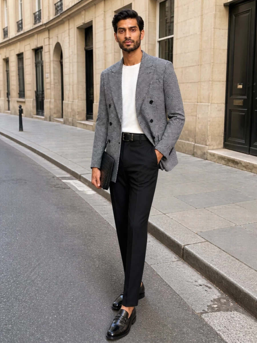 Tom ford herringbone blazer black tux trousers outfit