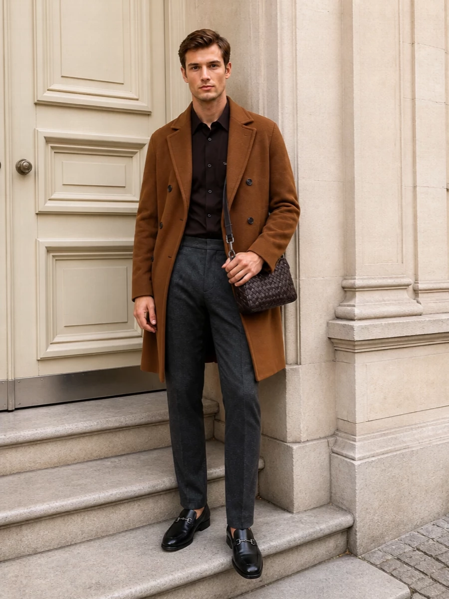 Gucci camel overcoat charcoal herringbone trousers