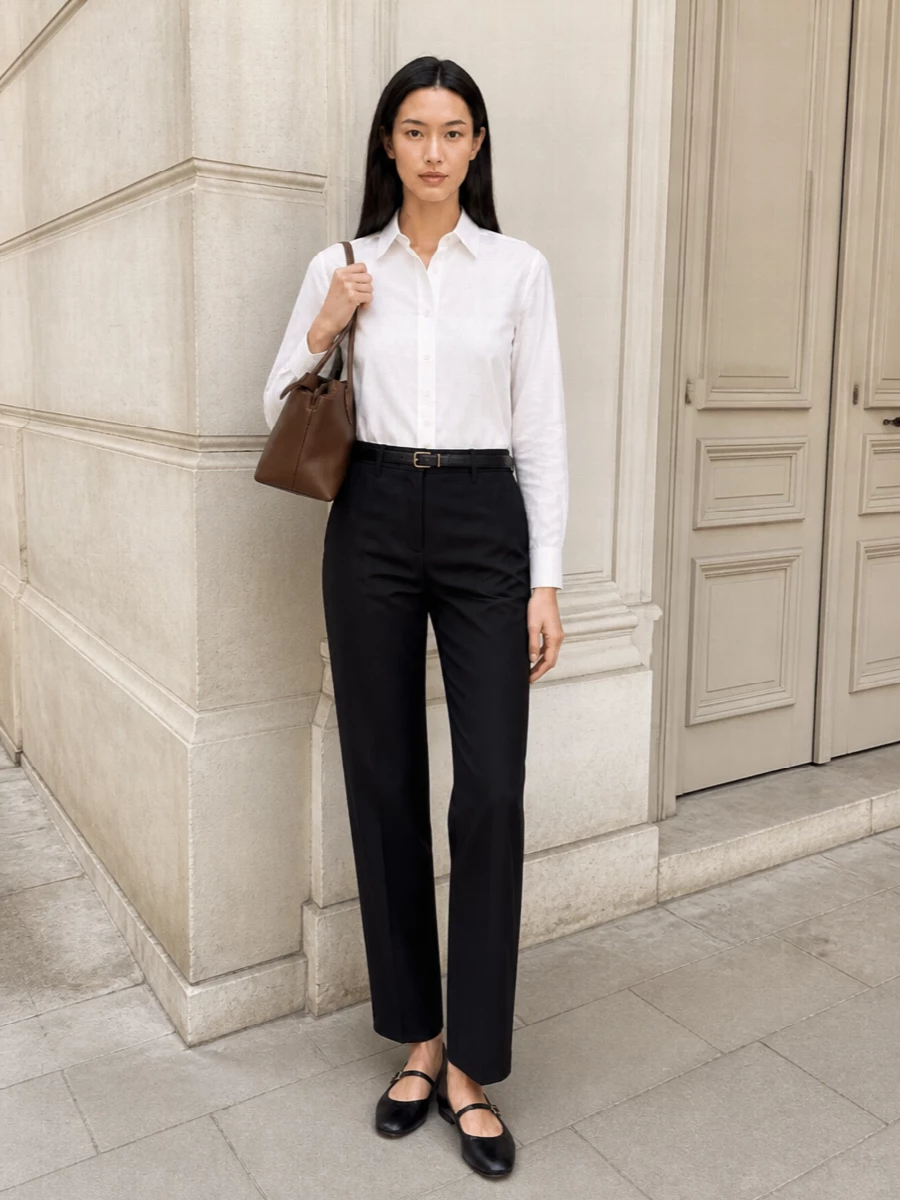 The row white shirt black tailored trousers outfit