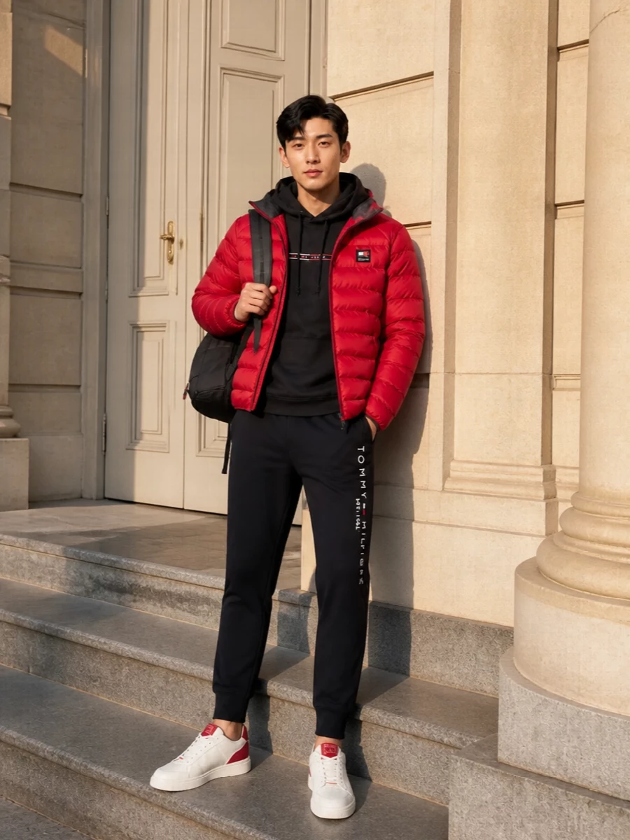Tommy hilfiger red puffer jogger sneaker outfit