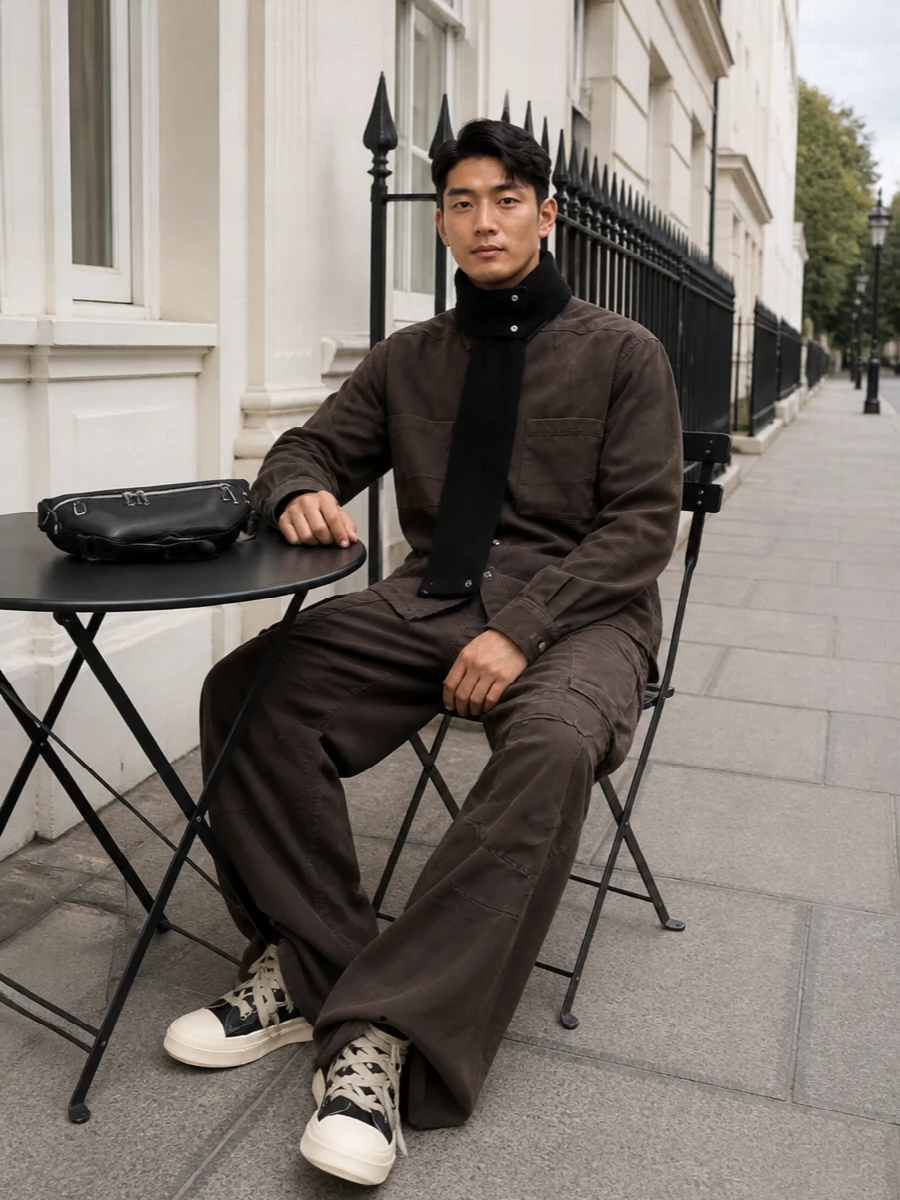 Rick owens drkshdw brown cargo outfit sneakers