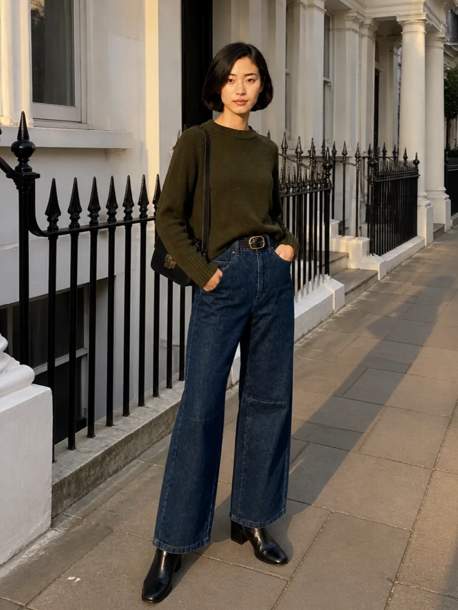Soeur wide leg jeans olive sweater black boots