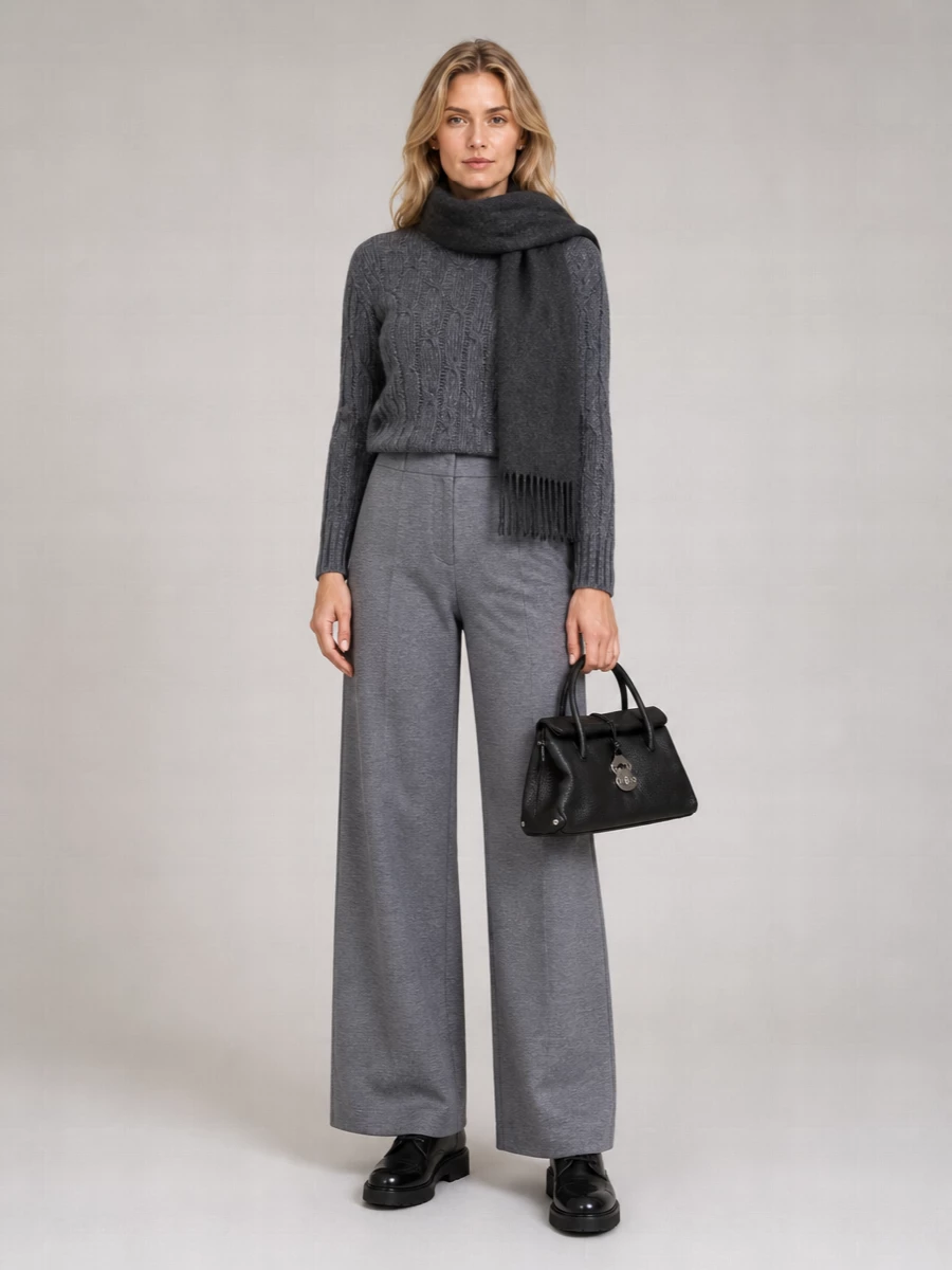 A charcoal cable knit paired with heather-grey wide-leg trousers creates a soft, tonal column that feels relaxed yet considered. Chunky black derbies and a structured black bag introduce just enough contrast to keep the palette sharp while staying firmly in quiet-luxury territory. The charcoal scarf adds texture and warmth, reinforcing the layered, city-ready mood without breaking the minimalist line.