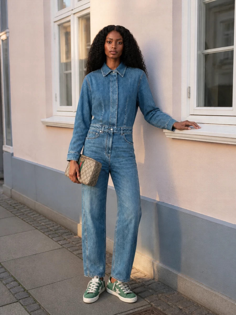 Anchoring everything with the Givenchy denim jumpsuit keeps the outfit feeling like a sharp, utilitarian uniform that lets the green Golden Goose sneakers really pull focus. The Gucci camera bag adds just enough heritage detail and colour echo to feel intentional, while the one-piece silhouette stays relaxed, contemporary and easy to wear from daytime errands to low-key dinners. I chose the jumpsuit path over separate top and bottom options to keep the mood streamlined and sporty instead of over-styled.